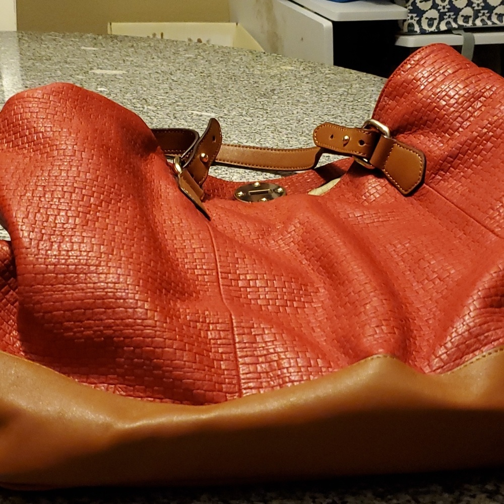 Red and tan large shoulder bag